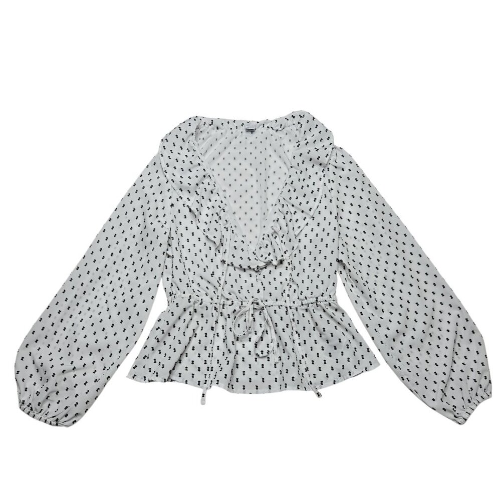 Old Navy Top Womens Small White Peplum Clip‎ Dot Balloon Sleeve Ruffle Romantic